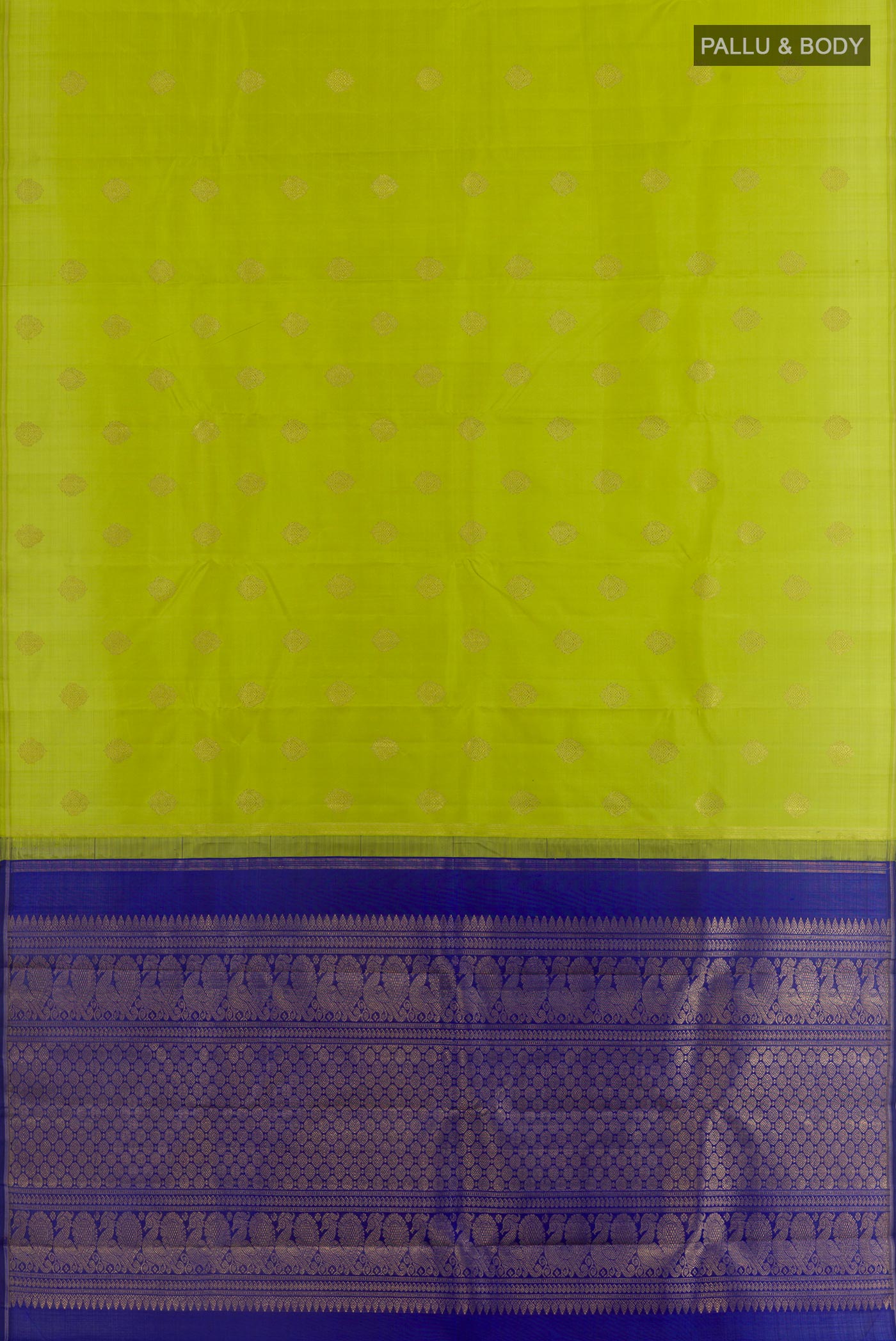 Flat view of Green Kanchipuram Silk Saree with Zari Butta on the body and Without Border. 