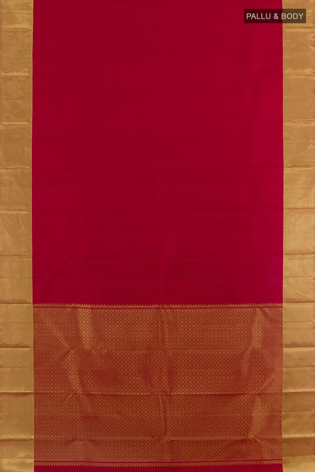 Flat view of Red Kanjivaram Silk Saree with Plain Body and Zari Border. 