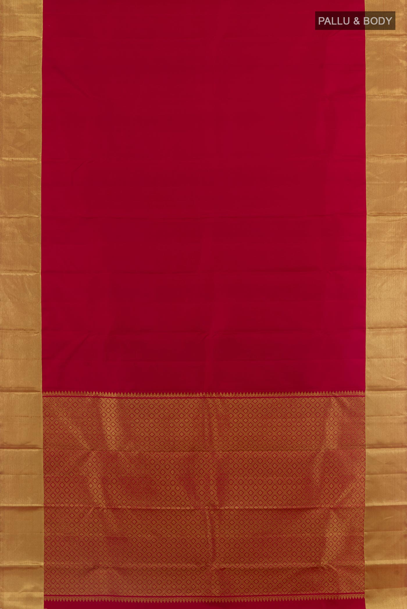 Flat view of Red Kanjivaram Silk Saree with Plain Body and Zari Border. 