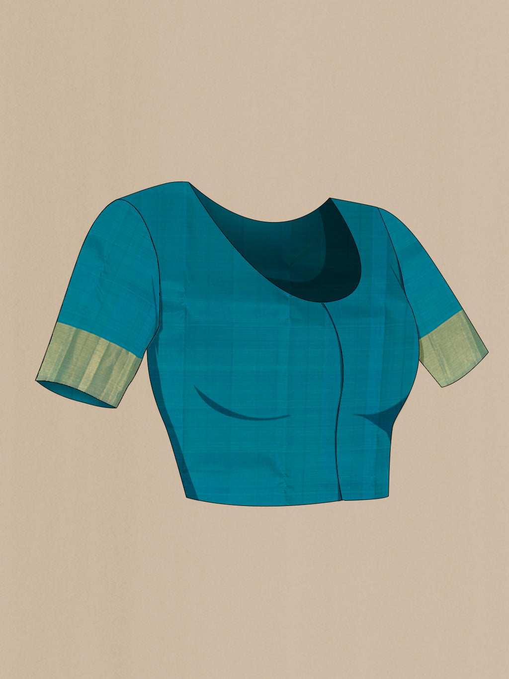 Close up image of the blouse of Blue Kanjivaram Silk Saree with Plain Body and Zari Border. 