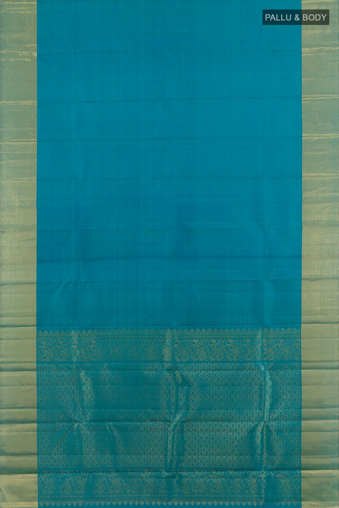 Flat view of Blue Kanjivaram Silk Saree with Plain Body and Zari Border. 
