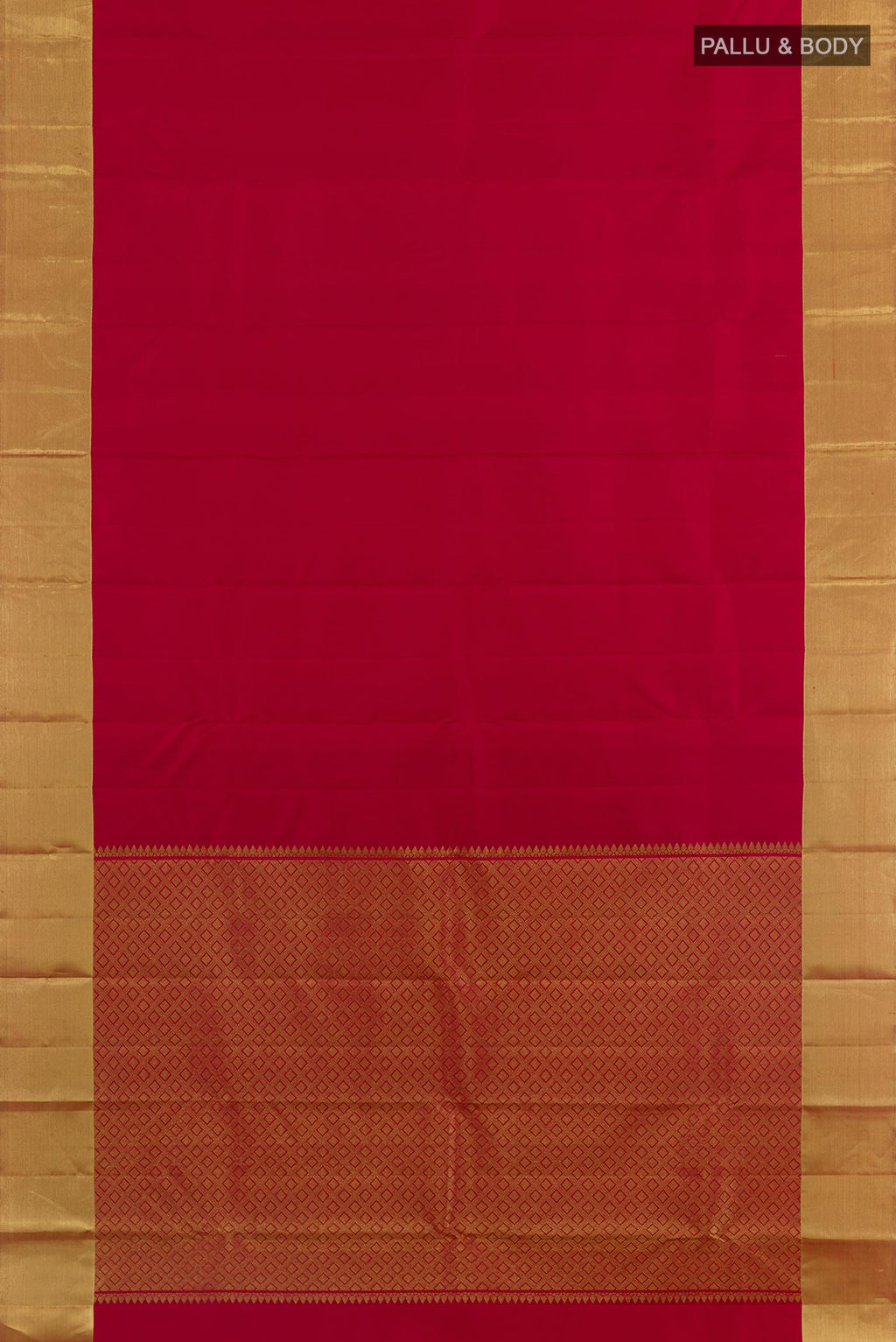 Flat view of Red Kanjivaram Silk Saree with Plain Body and Zari Border. 