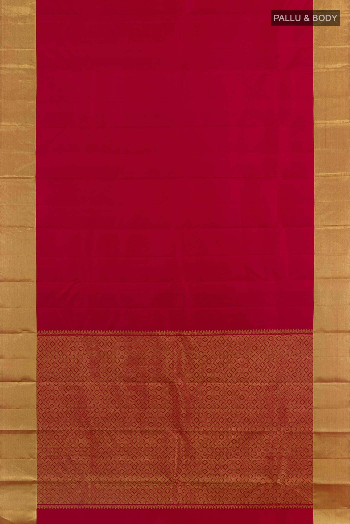 Flat view of Red Kanjivaram Silk Saree with Plain Body and Zari Border. 