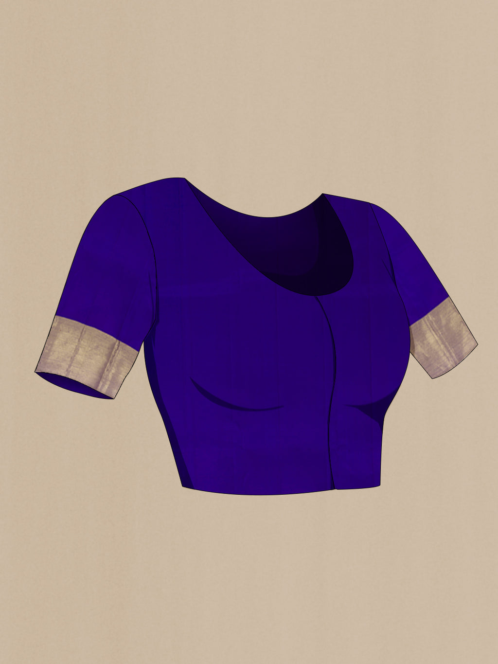 Close up image of the blouse of Blue Kanjivaram Silk Saree with Plain Body and Zari Border. 
