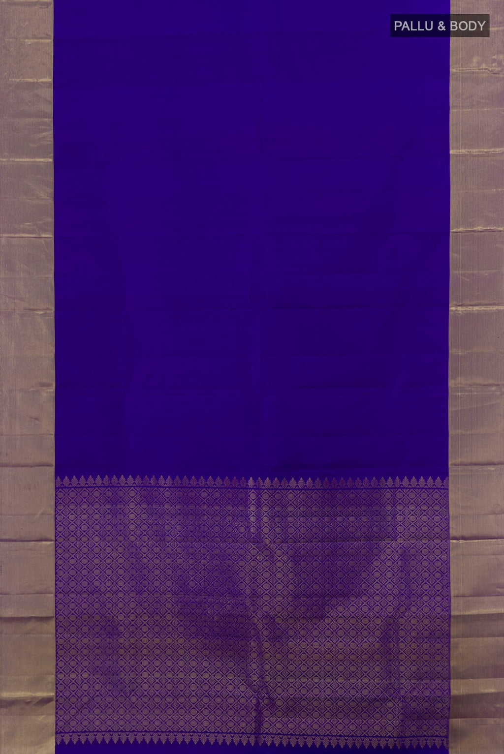 Flat view of Blue Kanjivaram Silk Saree with Plain Body and Zari Border. 