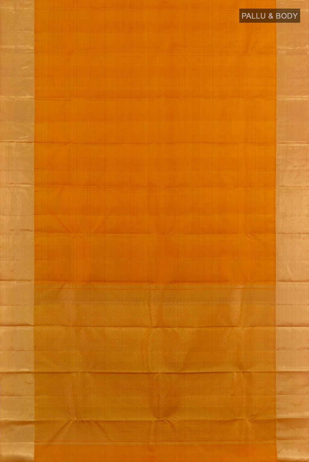Flat view of Yellow Kanjivaram Silk Saree with Plain Body and Zari Border. 