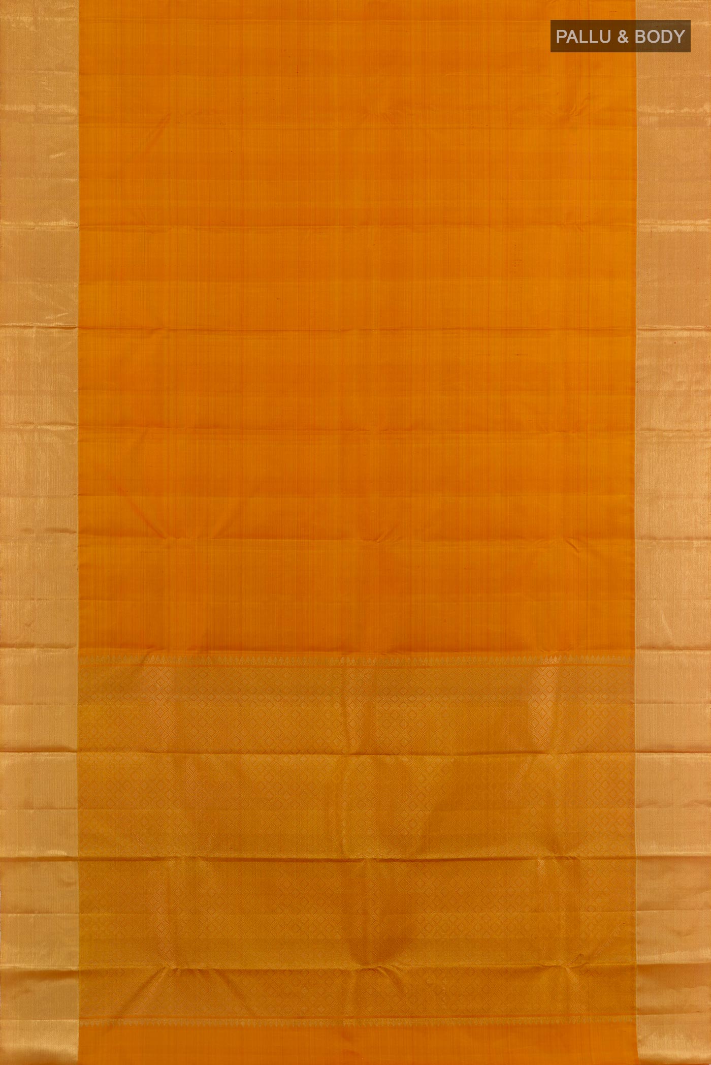 Flat view of Yellow Kanjivaram Silk Saree with Plain Body and Zari Border. 