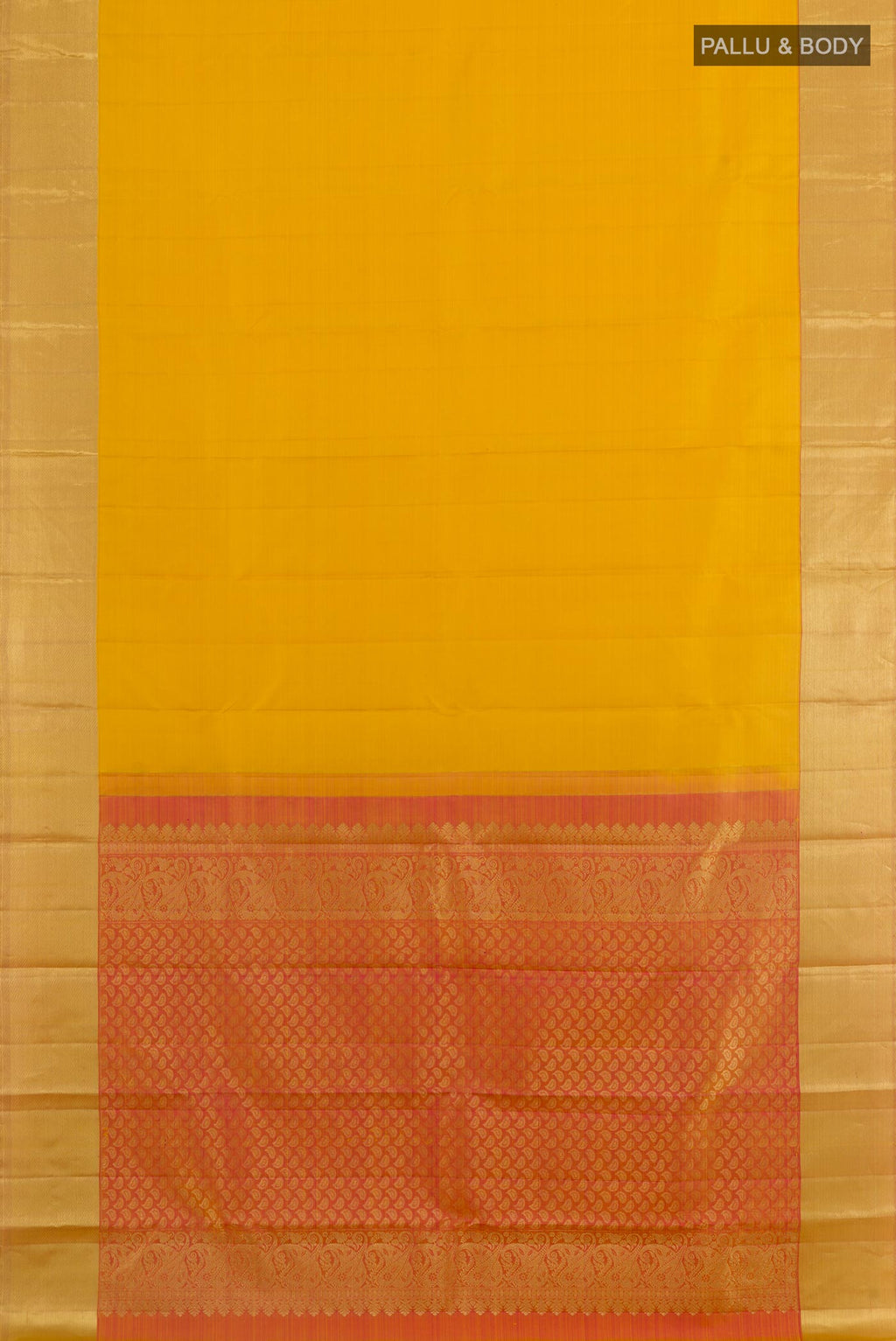 Flat view of Yellow Kanjivaram Silk Saree with Plain Body and Zari Border. 
