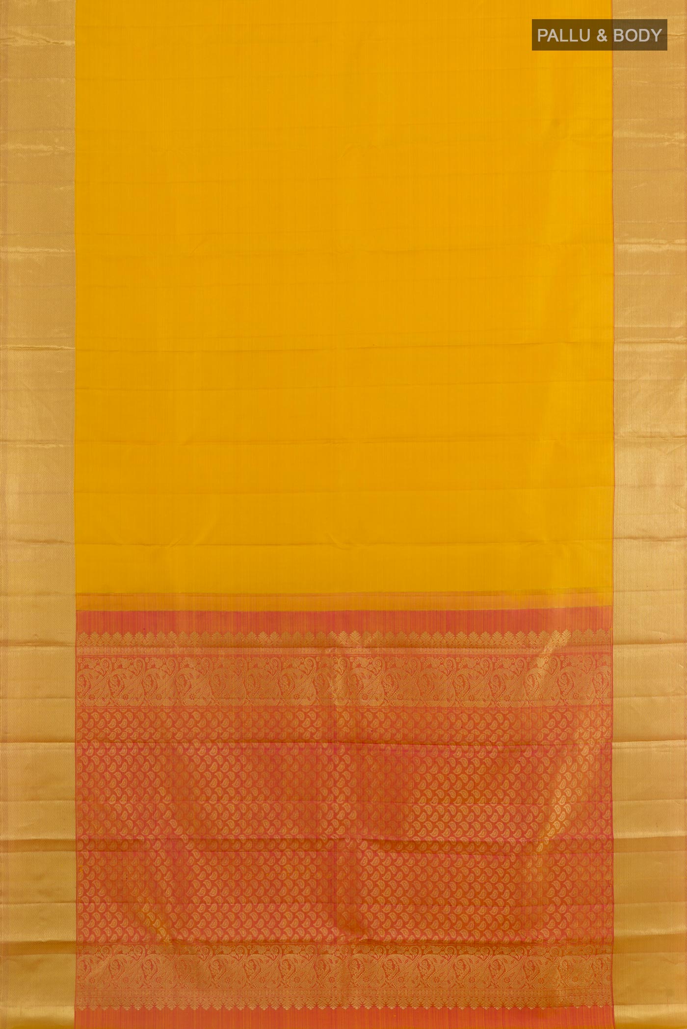Flat view of Yellow Kanjivaram Silk Saree with Plain Body and Zari Border. 