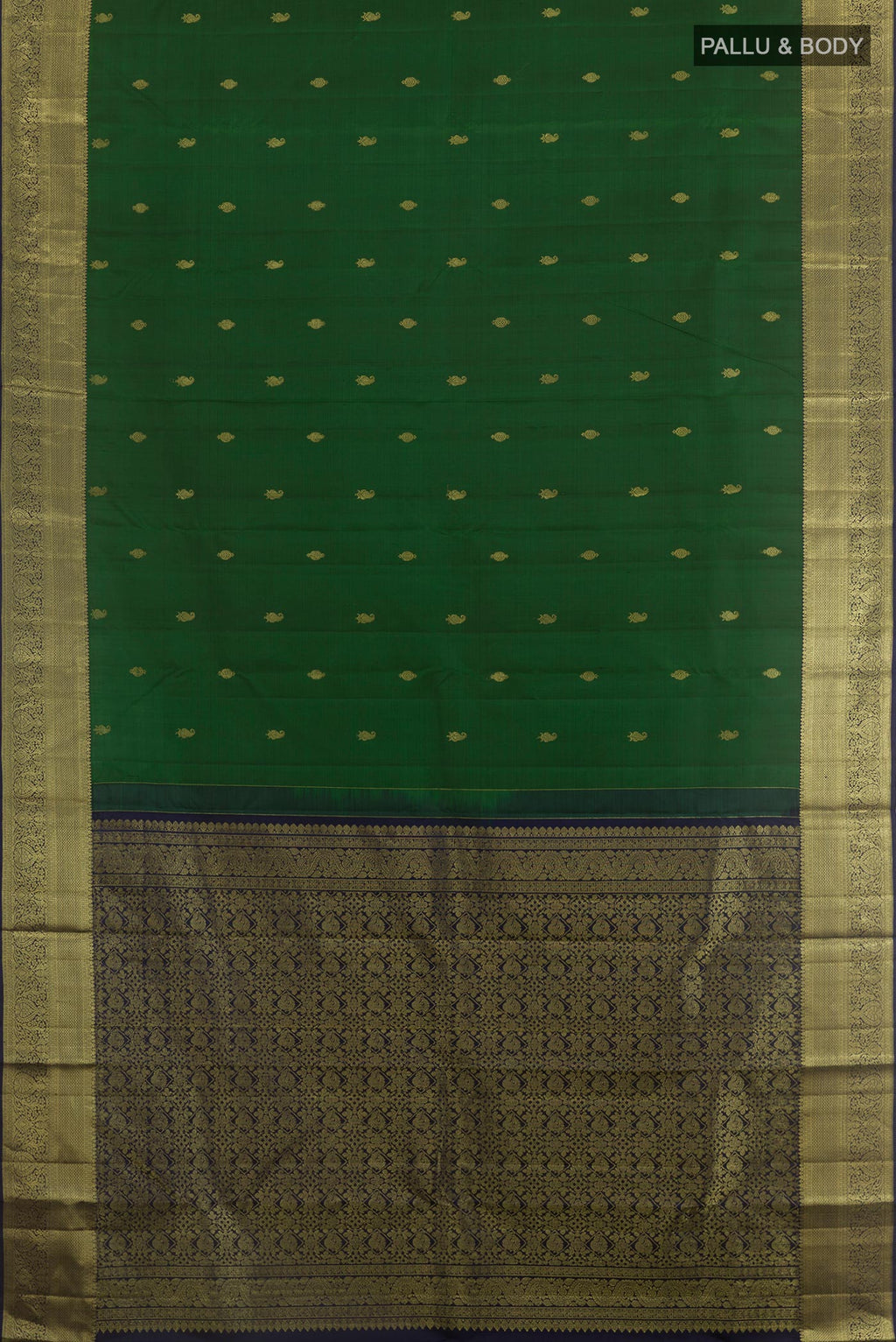Flat view of Bottle Green Kanchipuram Silk Saree with Zari Butta on the body and Zari Border. 