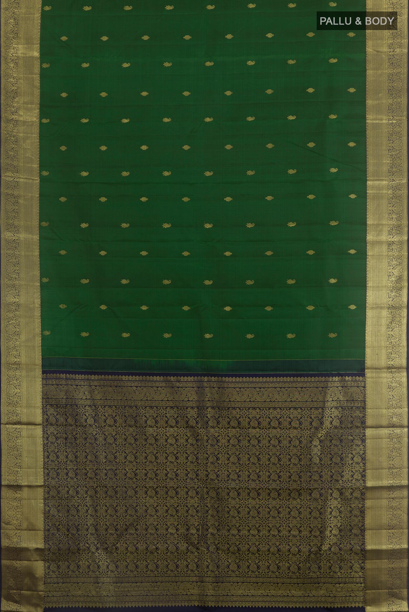 Flat view of Bottle Green Kanchipuram Silk Saree with Zari Butta on the body and Zari Border. 