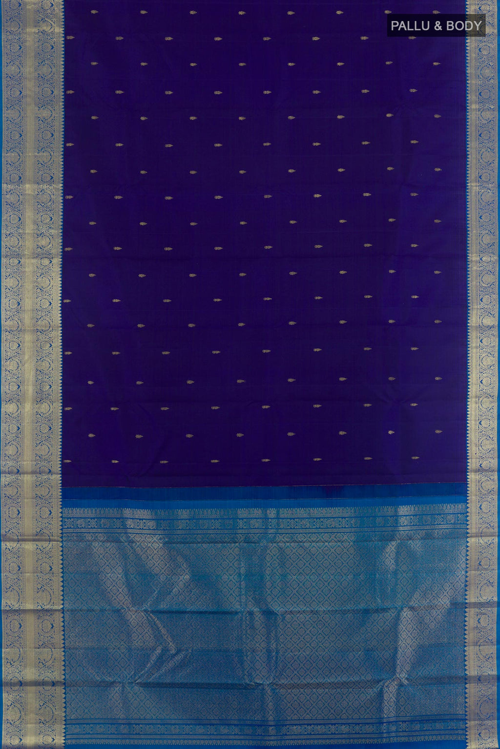 Flat view of Dark Blue Kanchipuram Silk Saree with Zari Butta on the body and Zari Border. 