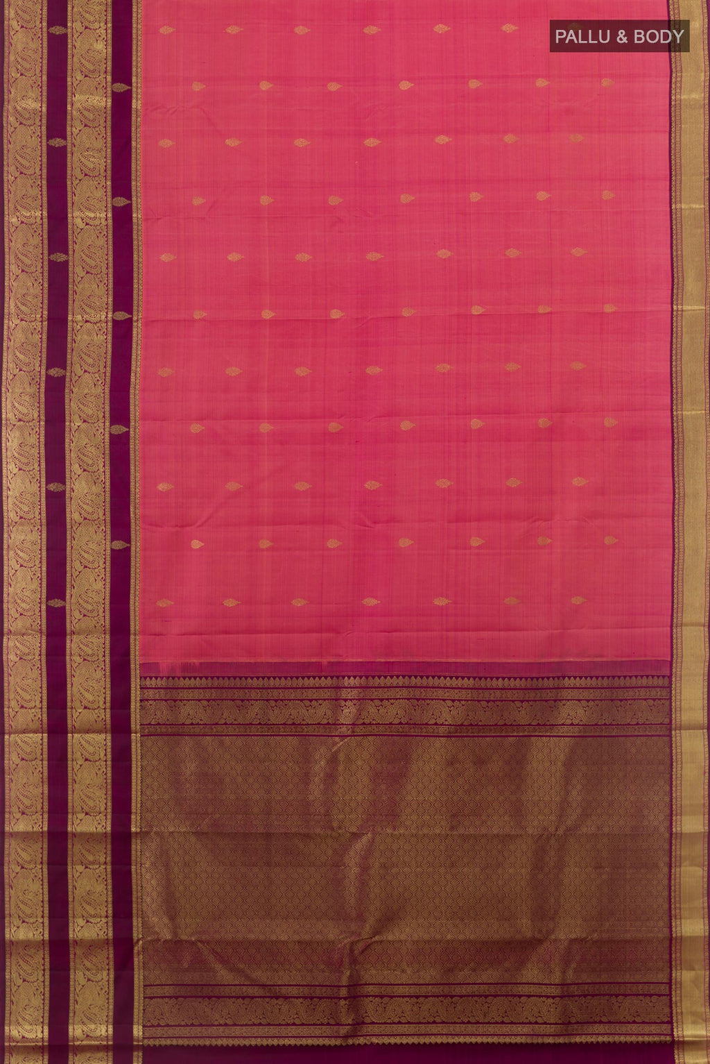Flat view of Pink Kanchipuram Silk Saree with Zari Butta on the body and Zari Border. 