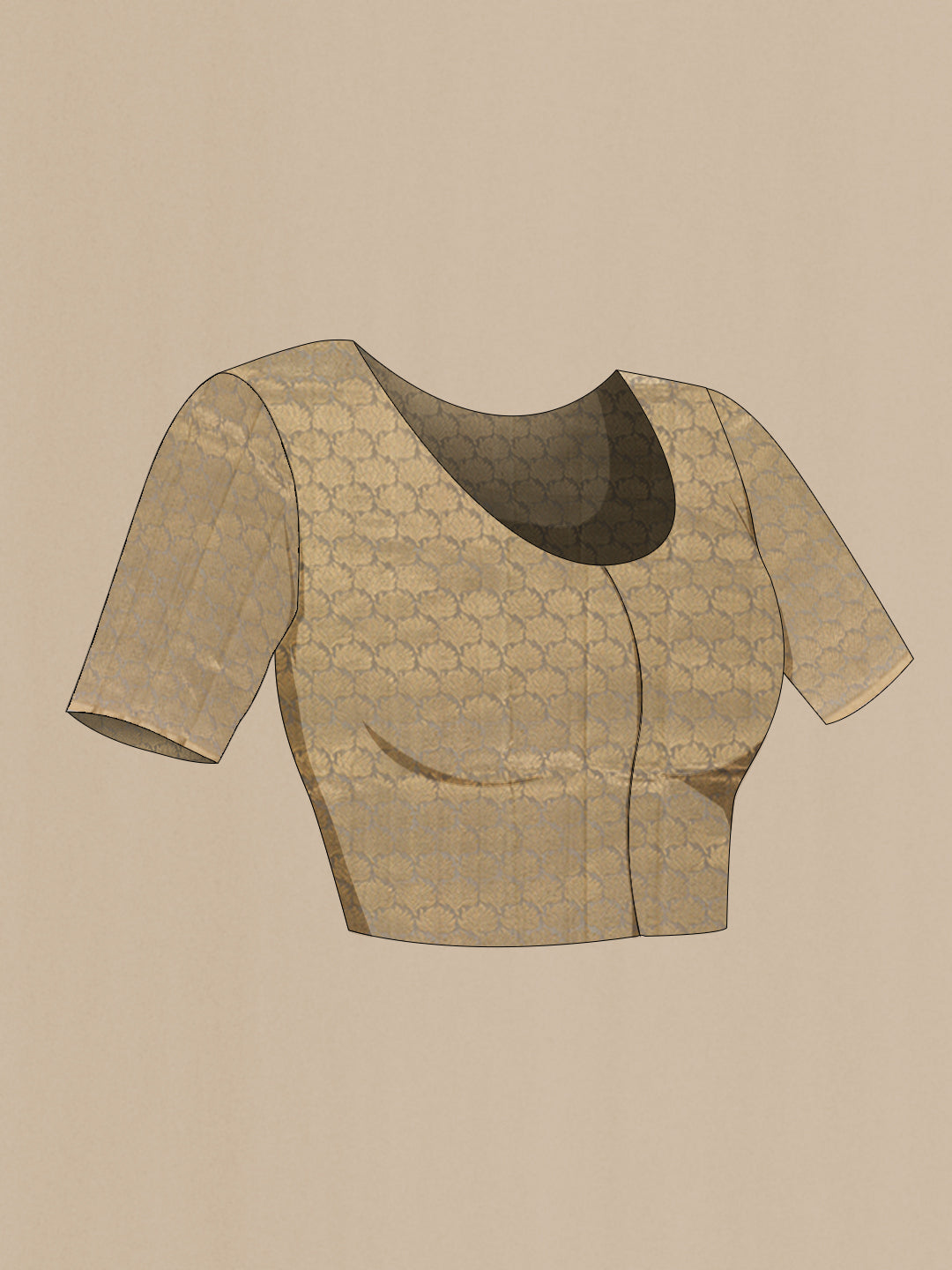 Close up image of the blouse of Grey Banarasi Katan Silk Saree with Zari Butta on the body and Zari Border. 