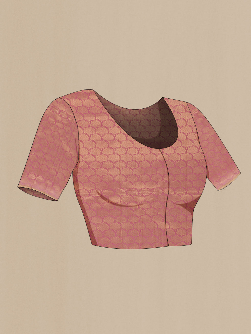 Close up image of the blouse of Pink Banarasi Katan Silk Saree with Zari Butta on the body and Zari Border. 