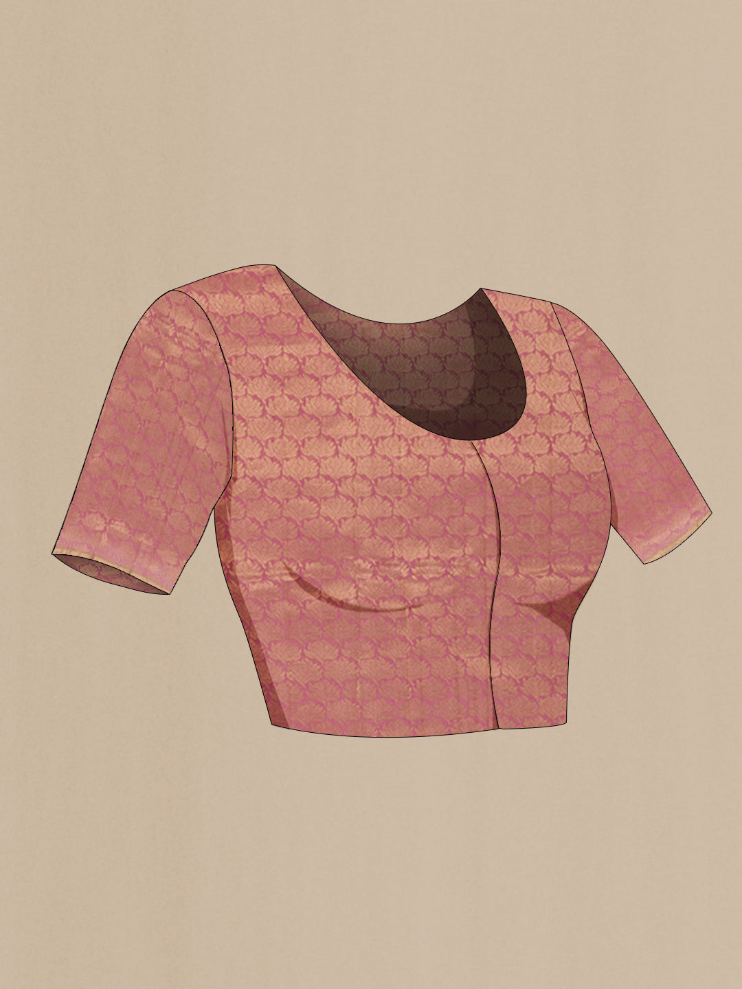 Close up image of the blouse of Pink Banarasi Katan Silk Saree with Zari Butta on the body and Zari Border. 
