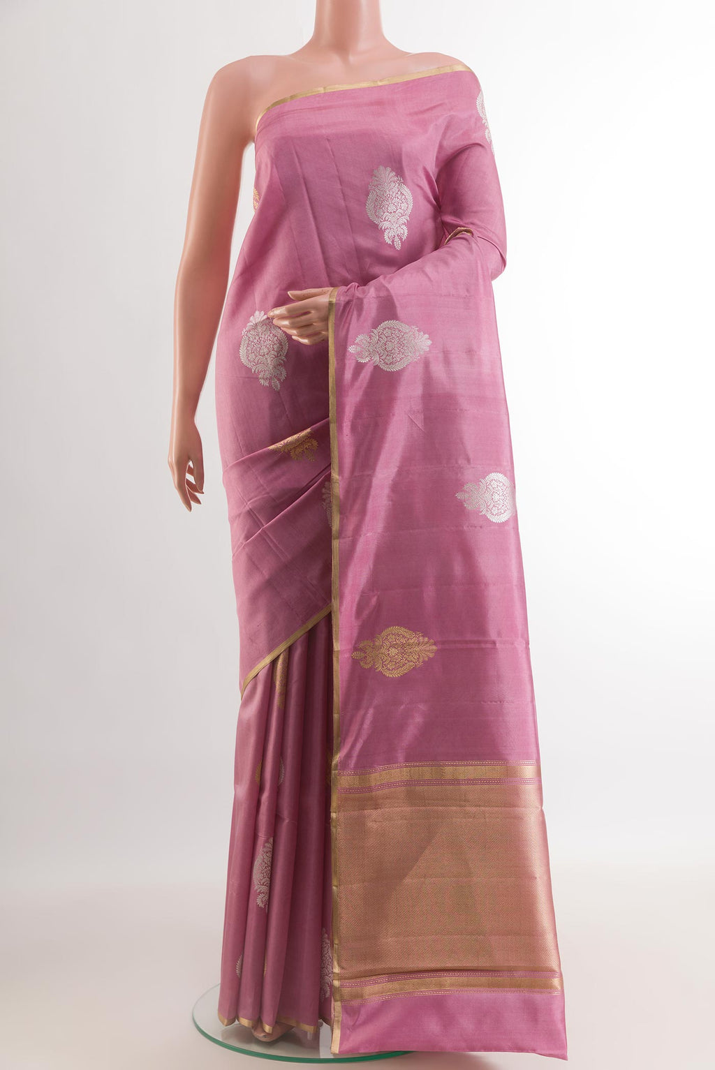Pink Banarasi Katan Silk Saree with Zari Butta on the body and Zari Border.  displayed on a mannequin