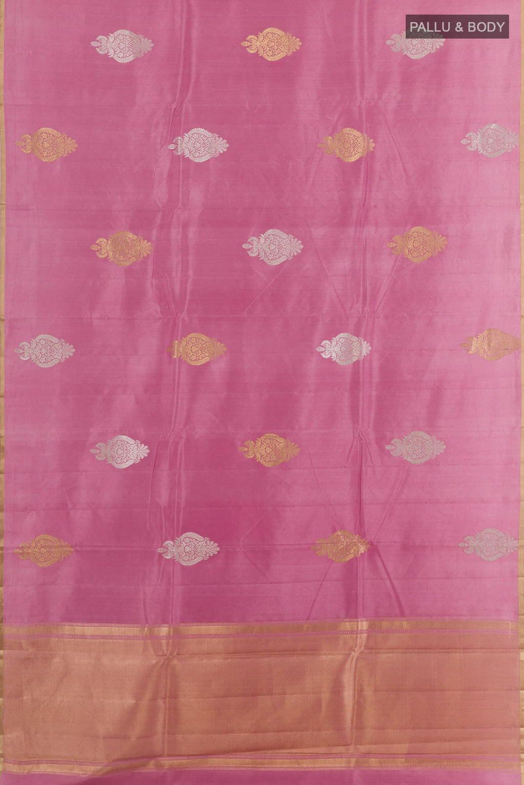 Flat view of Pink Banarasi Katan Silk Saree with Zari Butta on the body and Zari Border. 