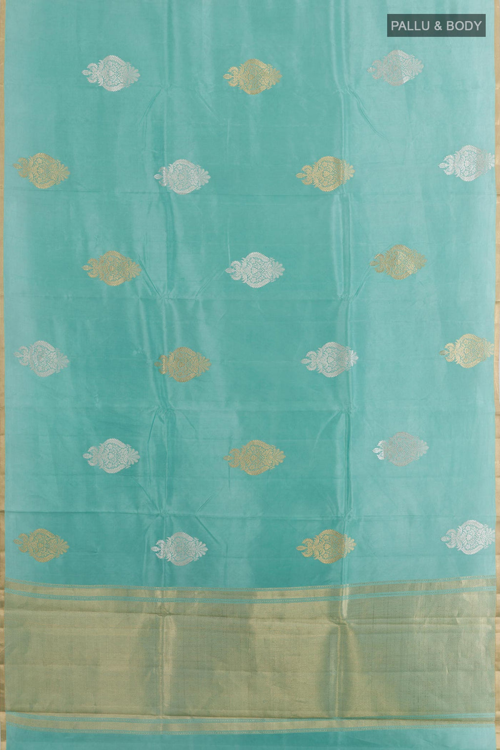 Flat view of Blue Banarasi Katan Silk Saree with Zari Butta on the body and Zari Border. 
