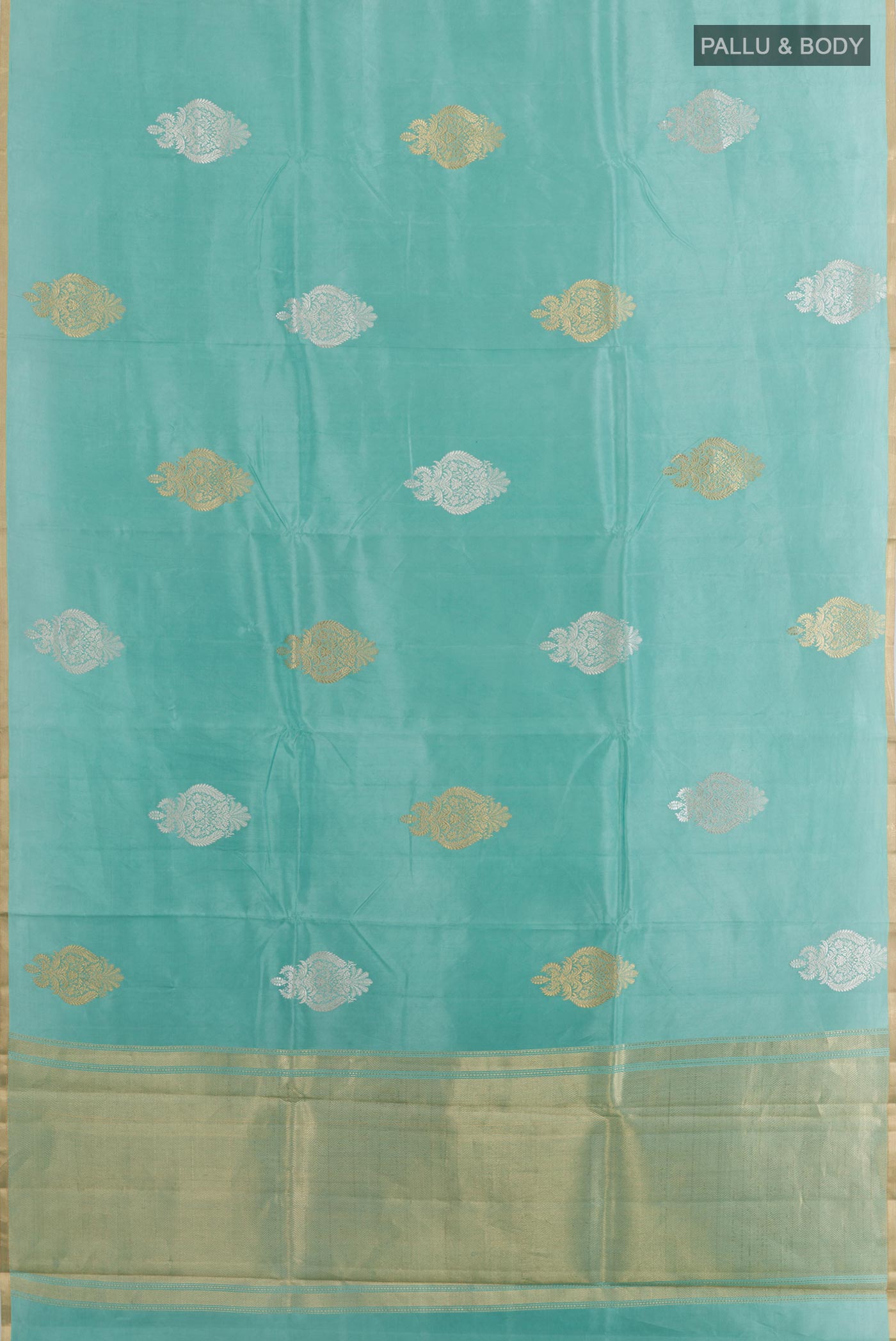 Flat view of Blue Banarasi Katan Silk Saree with Zari Butta on the body and Zari Border. 