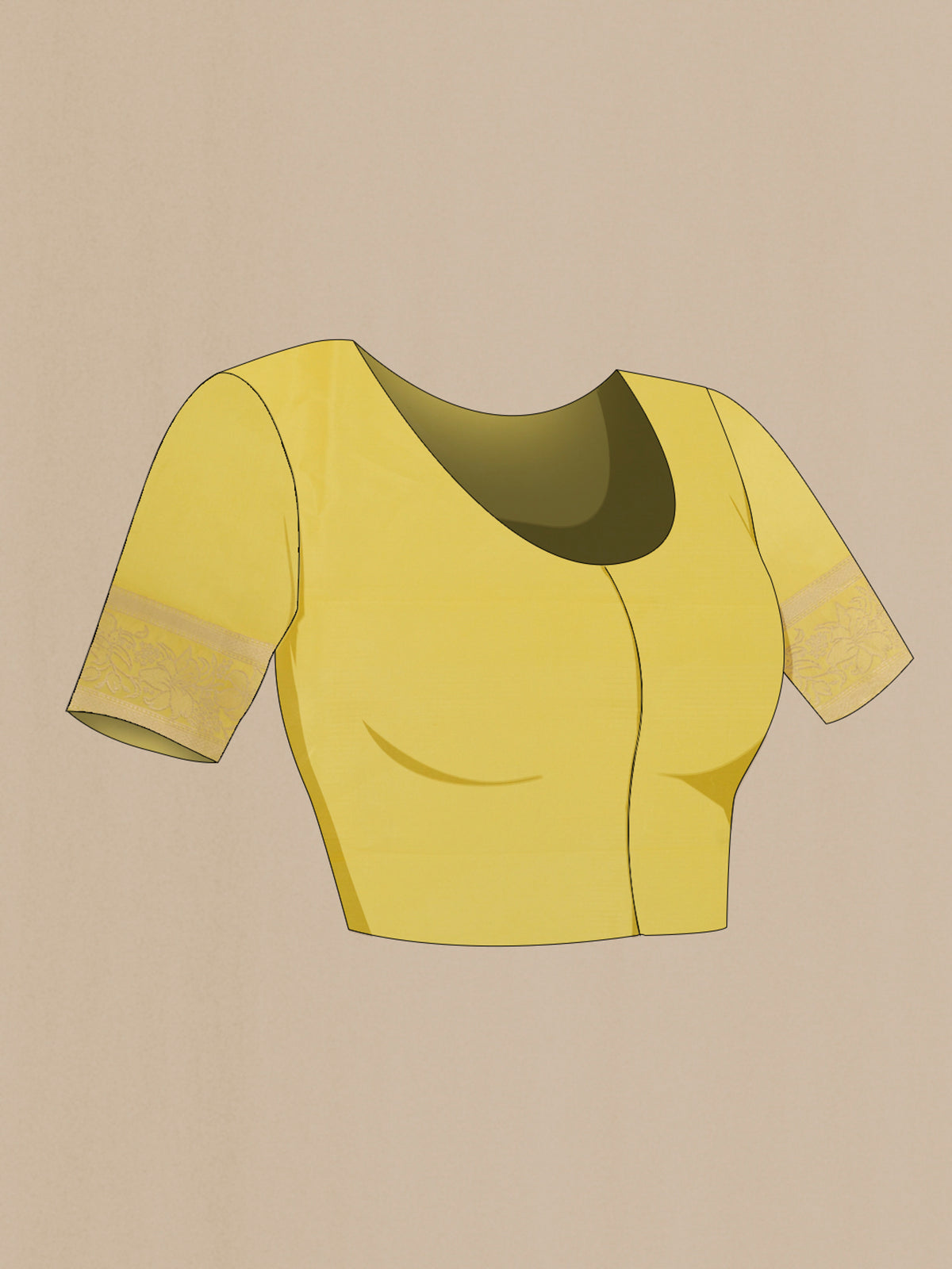 Close up image of the blouse of Pure Silk Yellow Banarasi Katan Saree with Zari Butta on the body and Zari Border. 