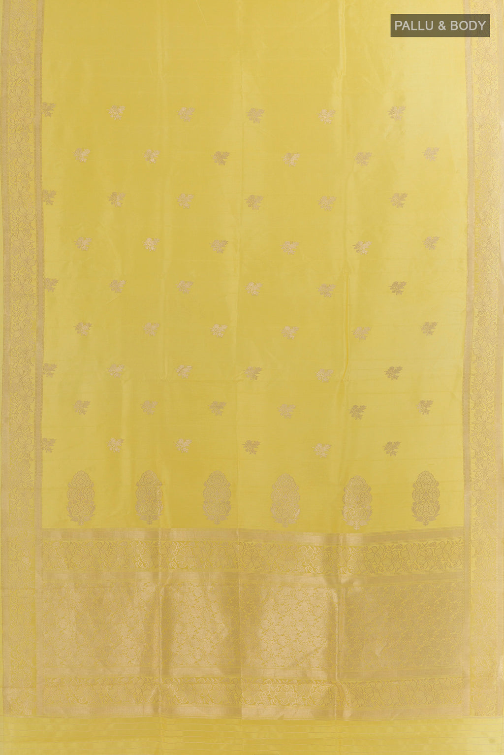 Flat view of Pure Silk Yellow Banarasi Katan Saree with Zari Butta on the body and Zari Border. 