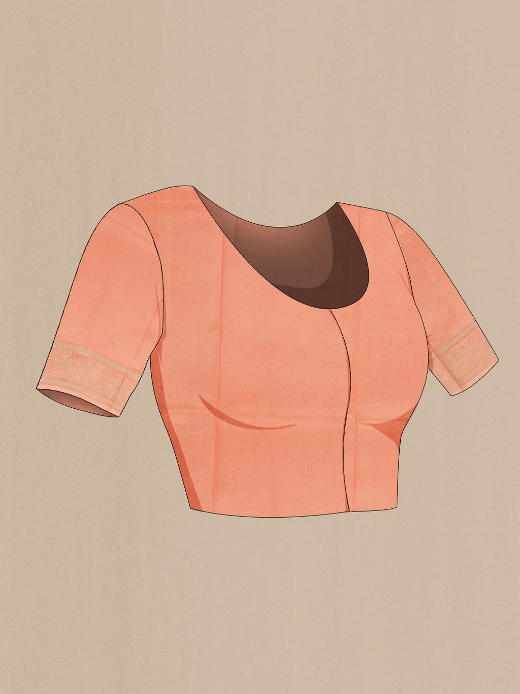 Close up image of the blouse of Peach Banarasi Katan Silk Saree with Zari Butta on the body and Zari Border. 
