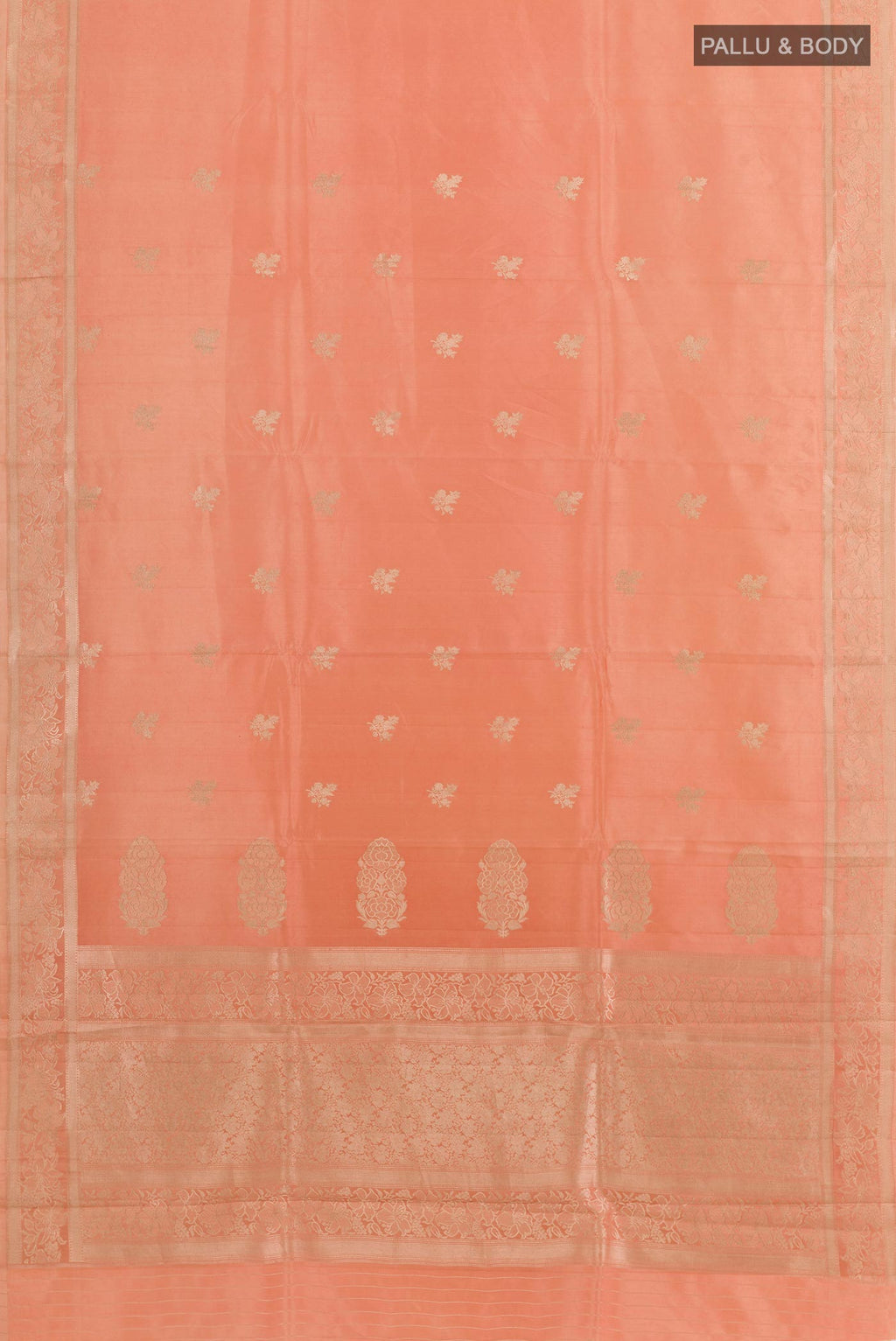 Flat view of Peach Banarasi Katan Silk Saree with Zari Butta on the body and Zari Border. 