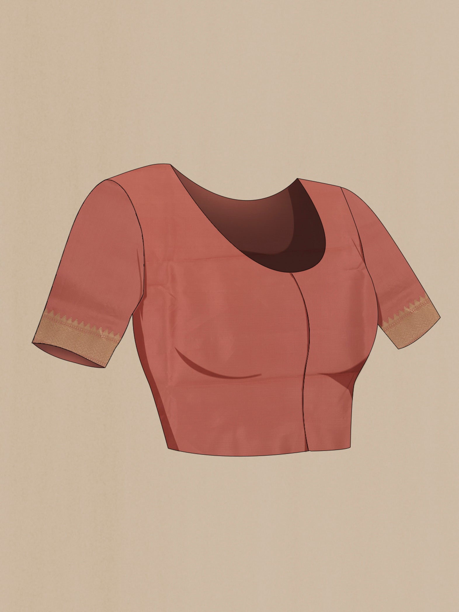 Close up image of the blouse of Peach Banarasi Katan Silk Saree with Zari Butta on the body and Zari Border. 