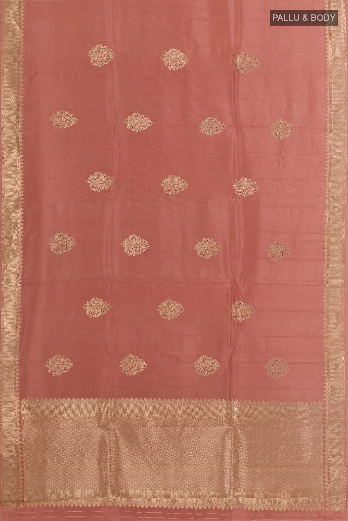 Flat view of Peach Banarasi Katan Silk Saree with Zari Butta on the body and Zari Border. 