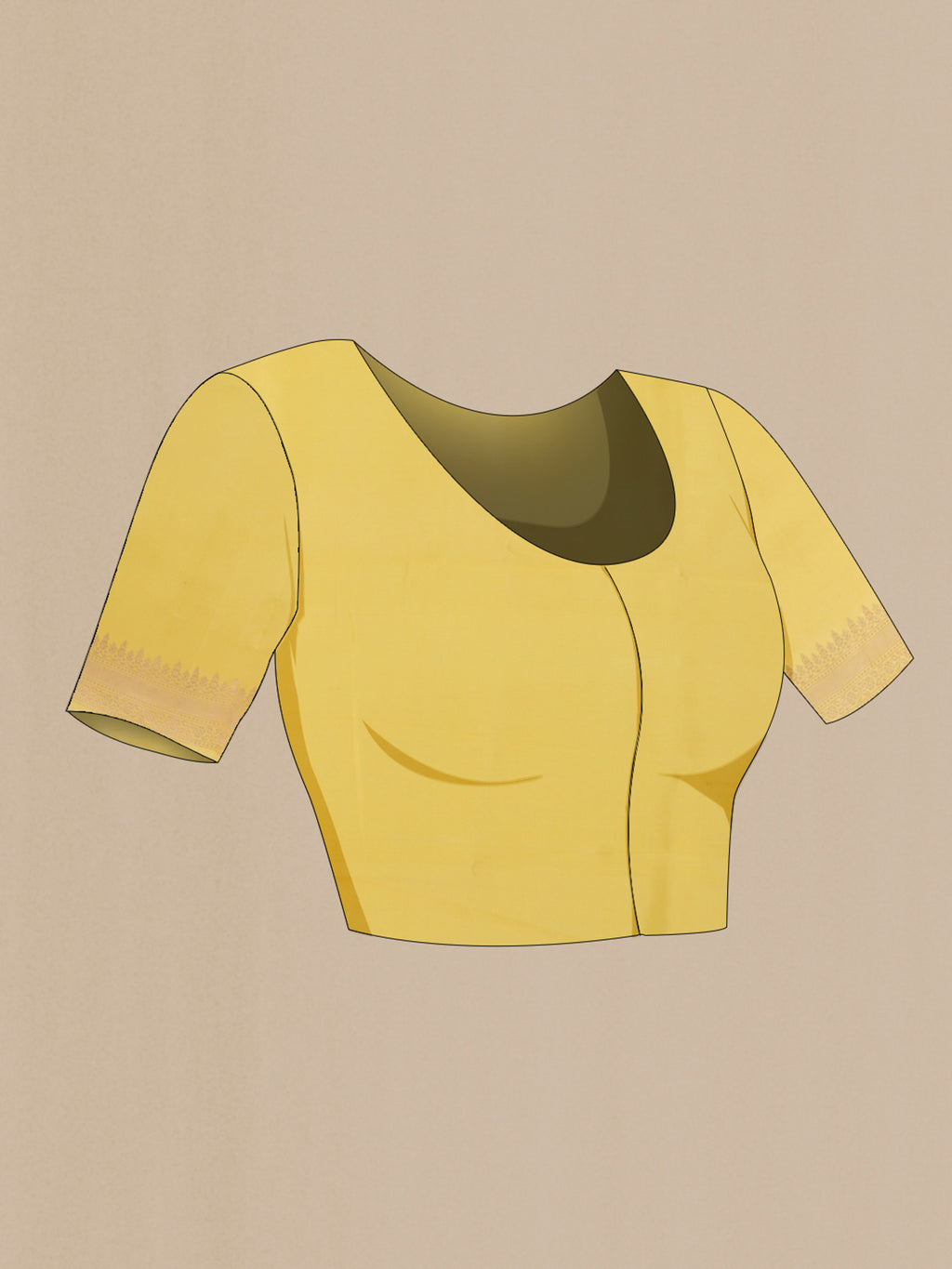 Close up image of the blouse of Pure Silk Yellow Banarasi Katan Saree with Zari Butta on the body and Zari Border. 