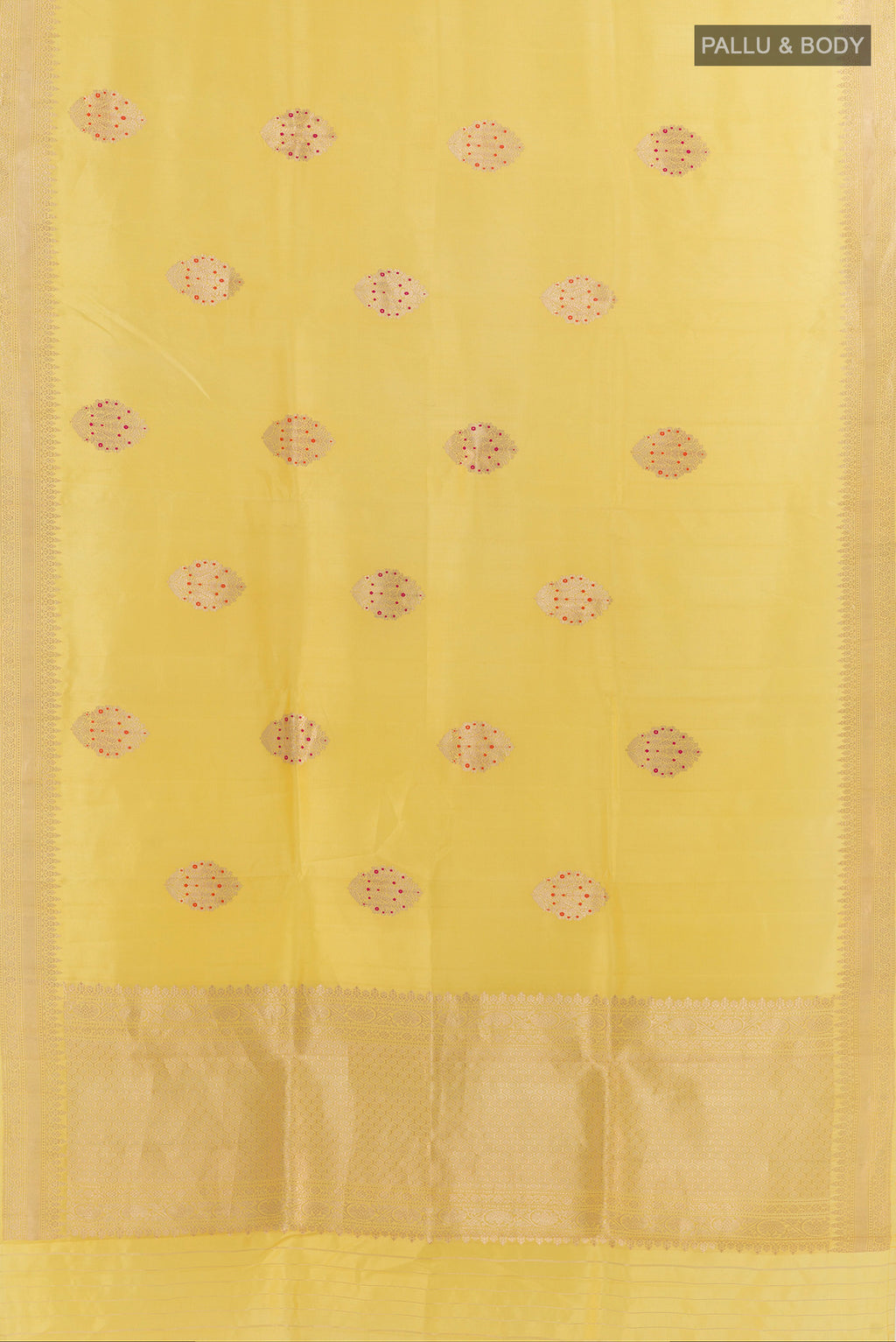 Flat view of Pure Silk Yellow Banarasi Katan Saree with Zari Butta on the body and Zari Border. 