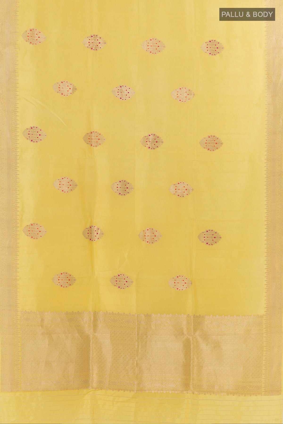 Flat view of Pure Silk Yellow Banarasi Katan Saree with Zari Butta on the body and Zari Border. 
