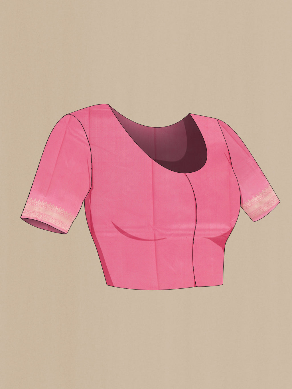 Close up image of the blouse of Rose pink Banarasi Katan Silk Saree with Zari Butta on the body and Zari Border. 