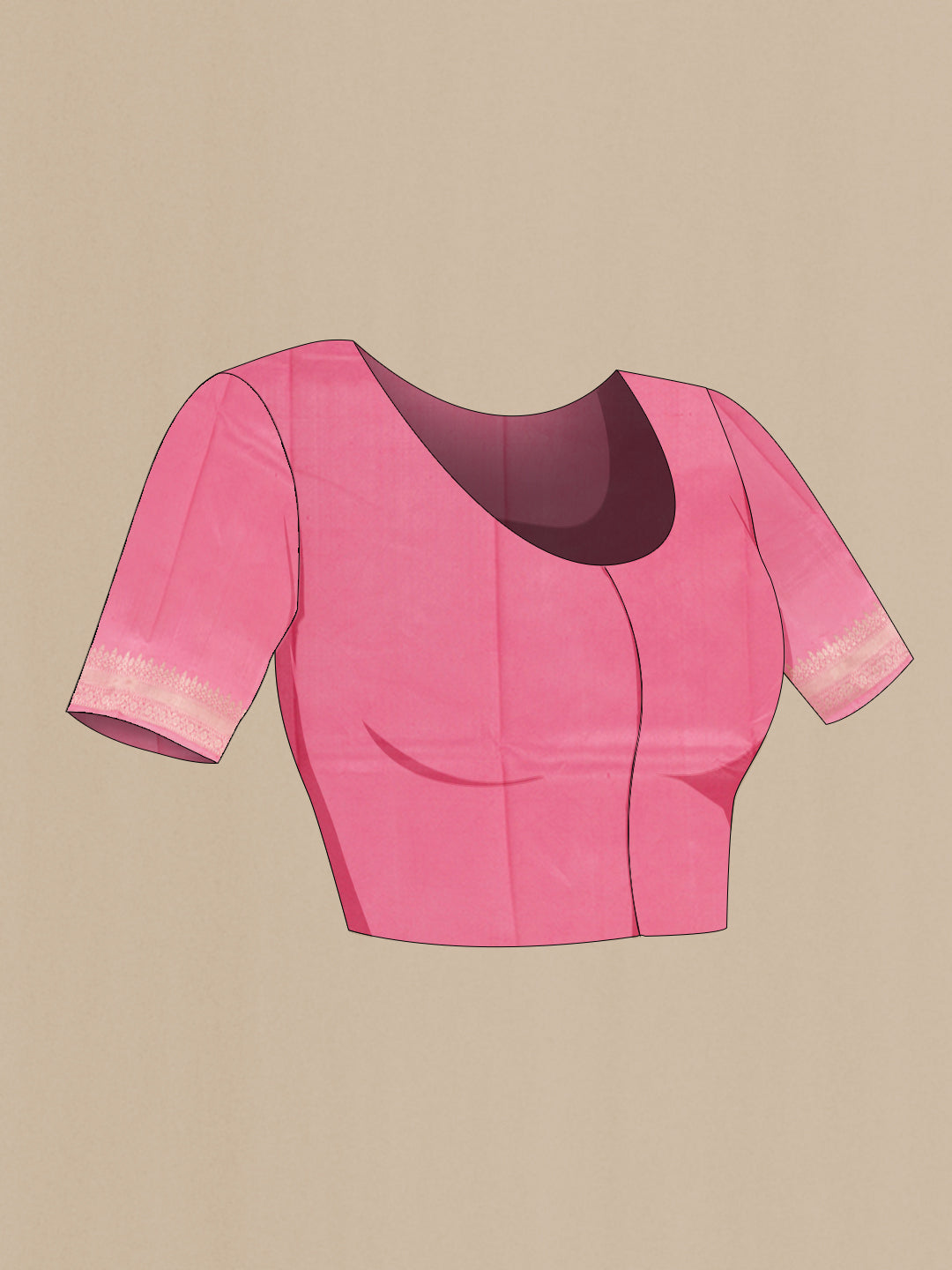 Close up image of the blouse of Rose pink Banarasi Katan Silk Saree with Zari Butta on the body and Zari Border. 