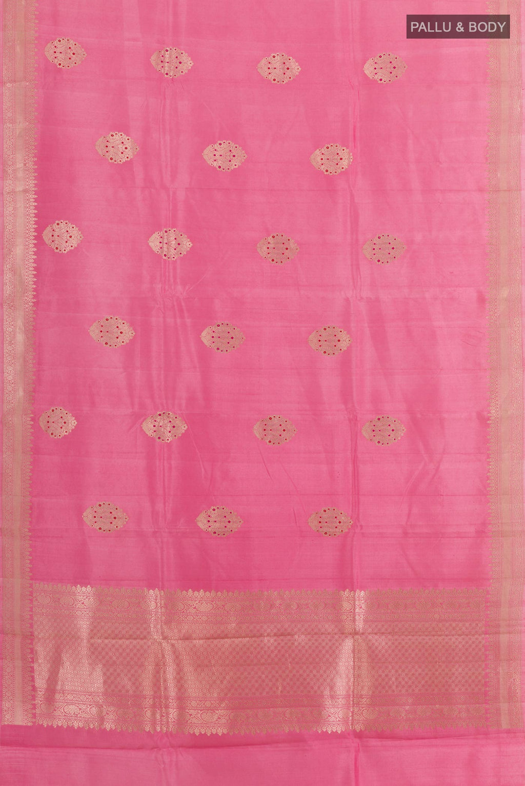Flat view of Rose pink Banarasi Katan Silk Saree with Zari Butta on the body and Zari Border. 