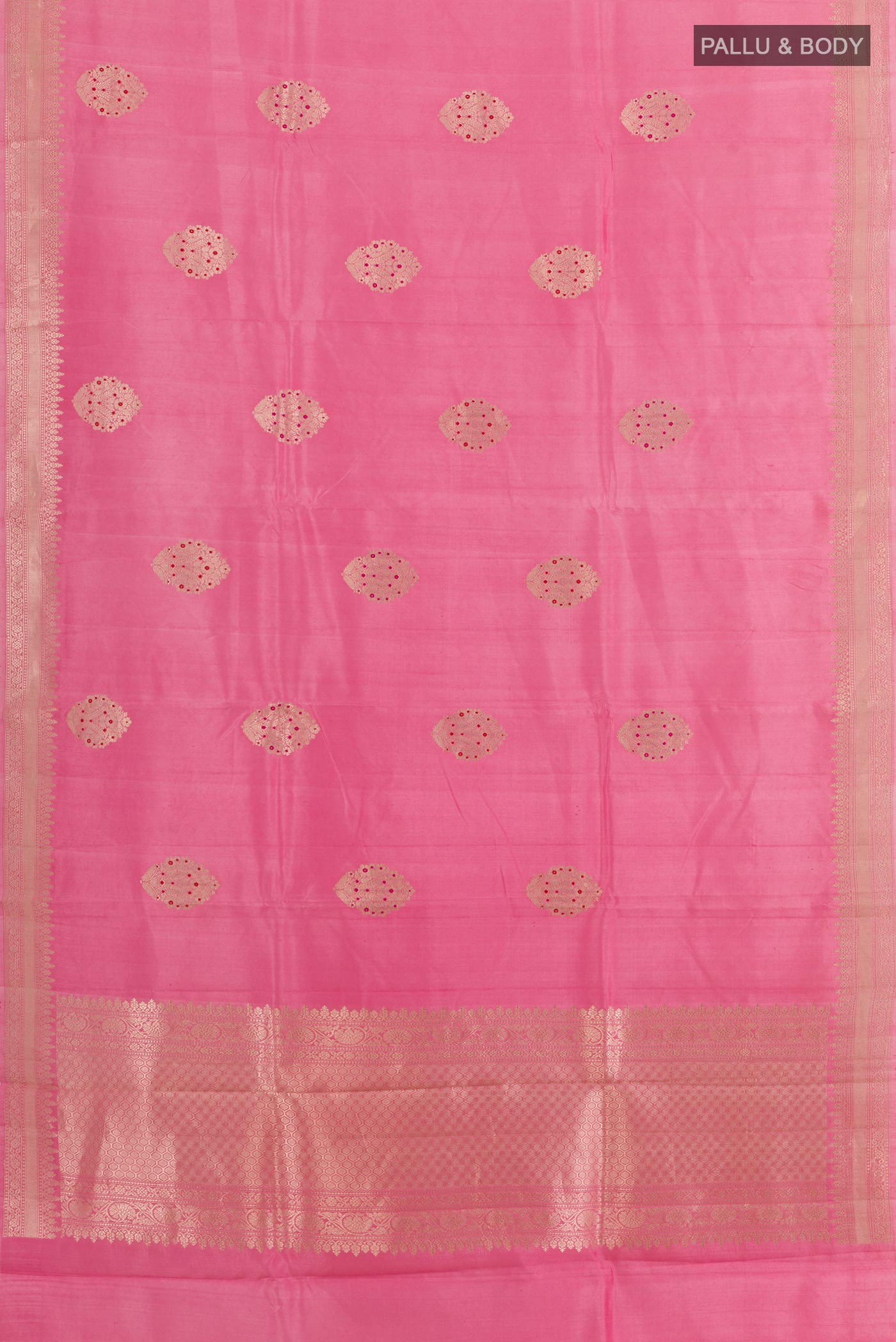Flat view of Rose pink Banarasi Katan Silk Saree with Zari Butta on the body and Zari Border. 