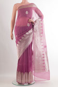 Lavender Organza Saree with Zari Butta on the body and Zari Border.  displayed on a mannequin