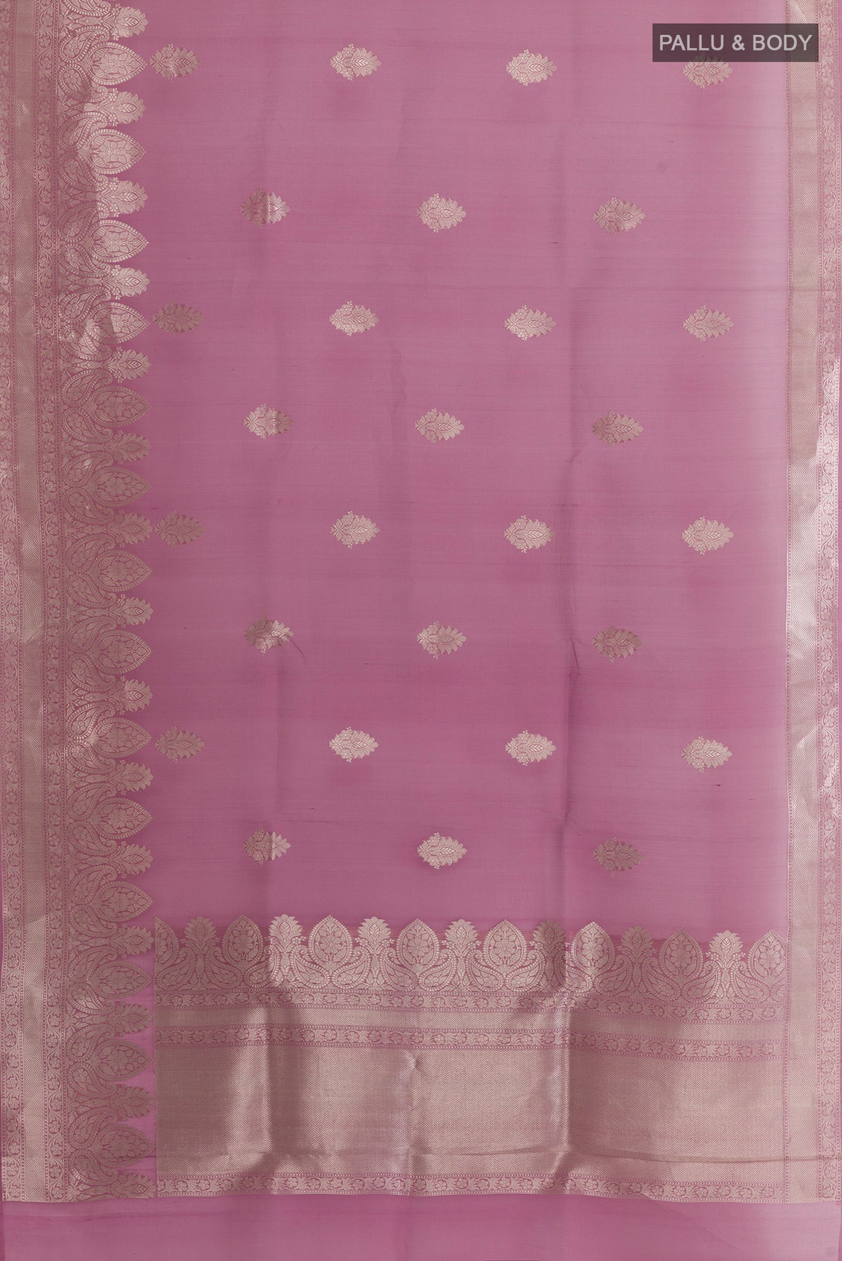 Flat view of Lavender Organza Saree with Zari Butta on the body and Zari Border. 