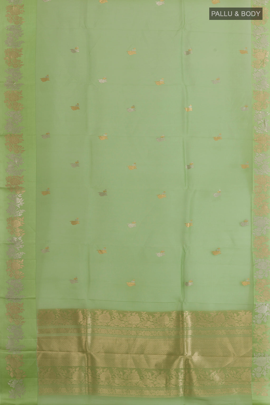 Flat view of Pista Green Organza Saree with Zari Butta on the body and Zari Border. 
