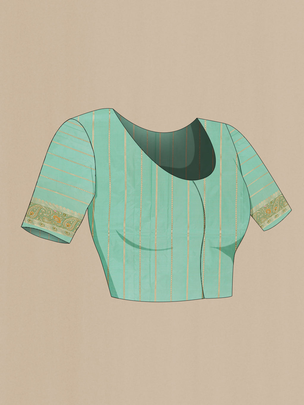 Close up image of the blouse of Sea Green Banarasi Katan Silk Saree with Stripes on the body and Zari Border. 