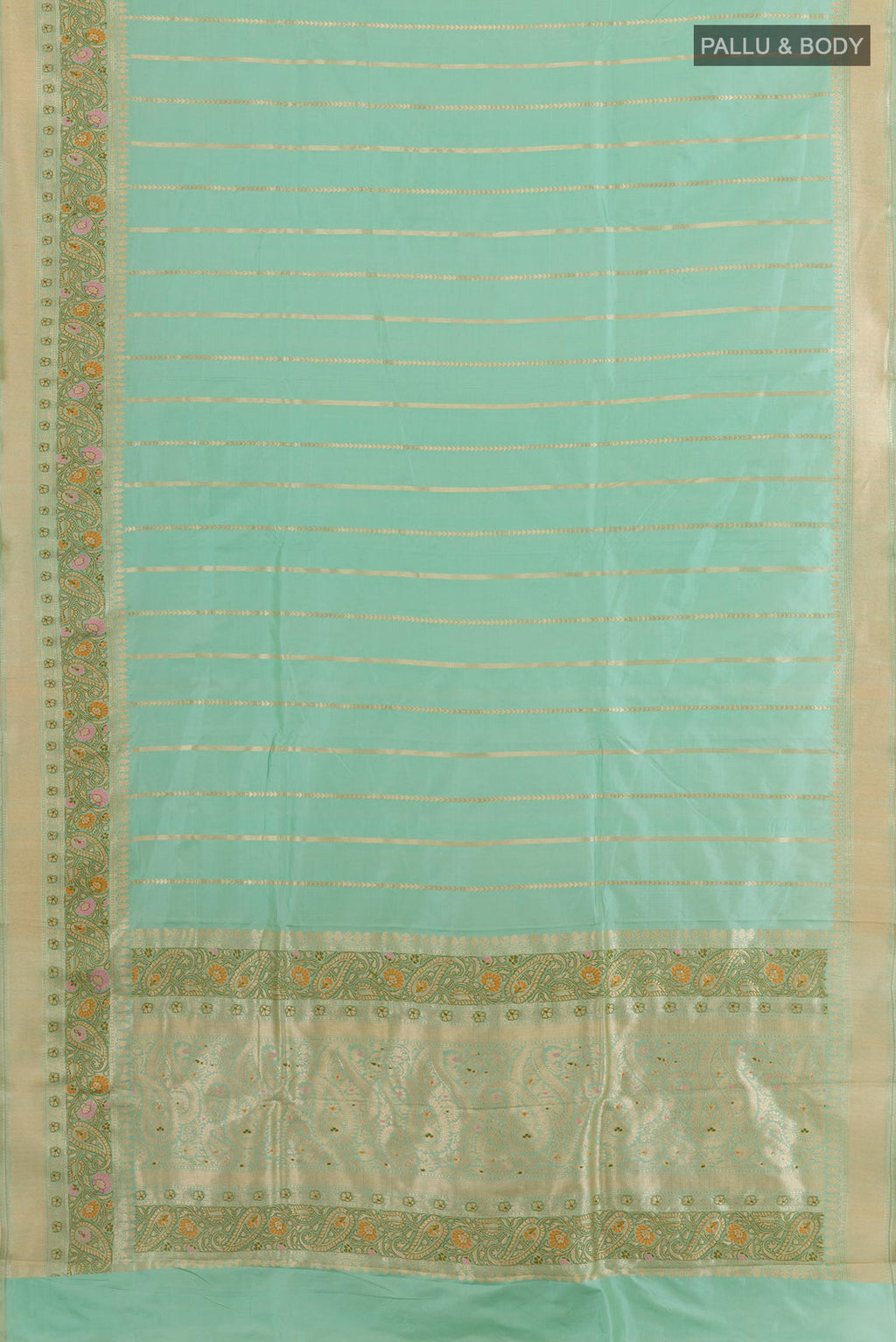 Flat view of Sea Green Banarasi Katan Silk Saree with Stripes on the body and Zari Border. 