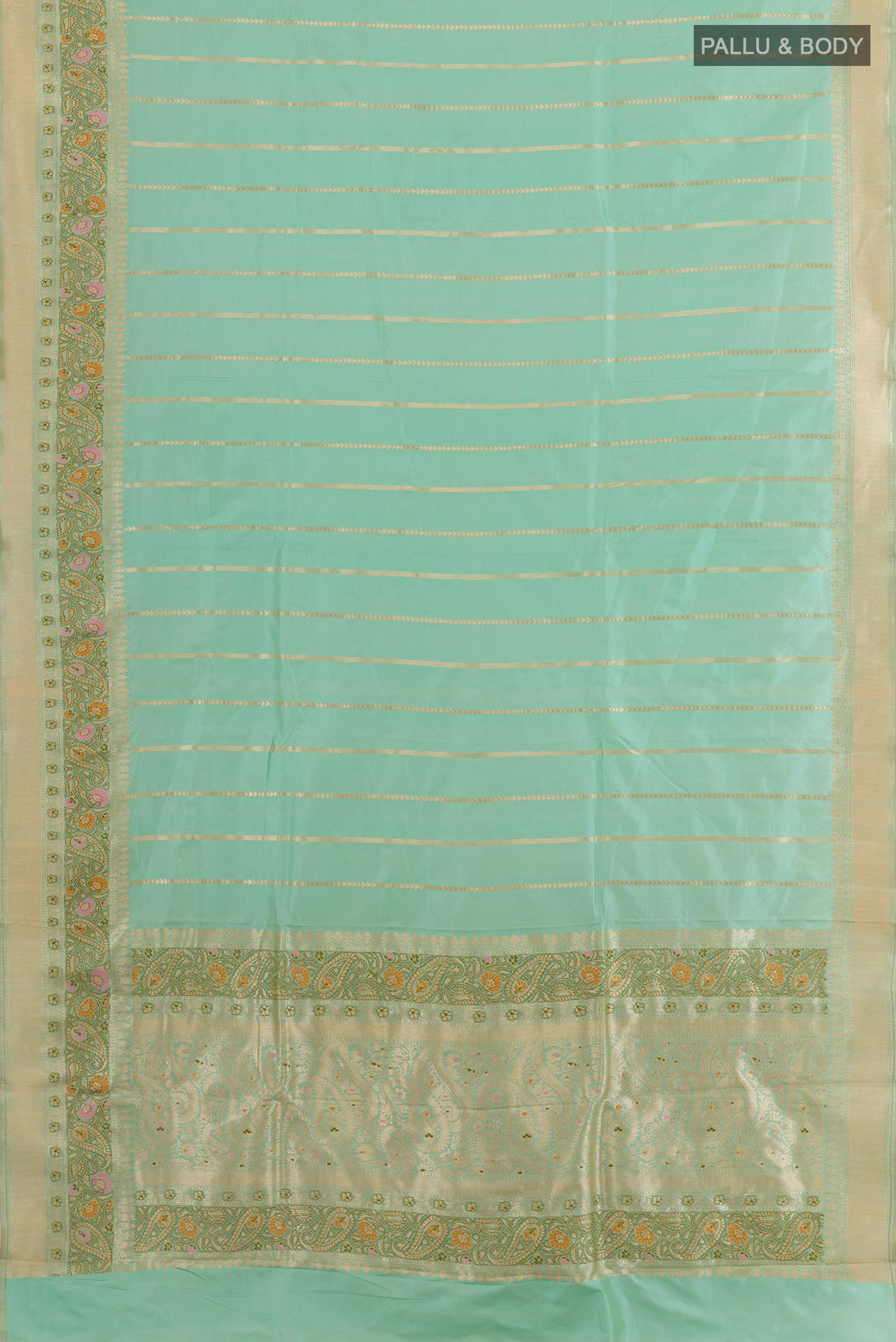 Flat view of Sea Green Banarasi Katan Silk Saree with Stripes on the body and Zari Border. 