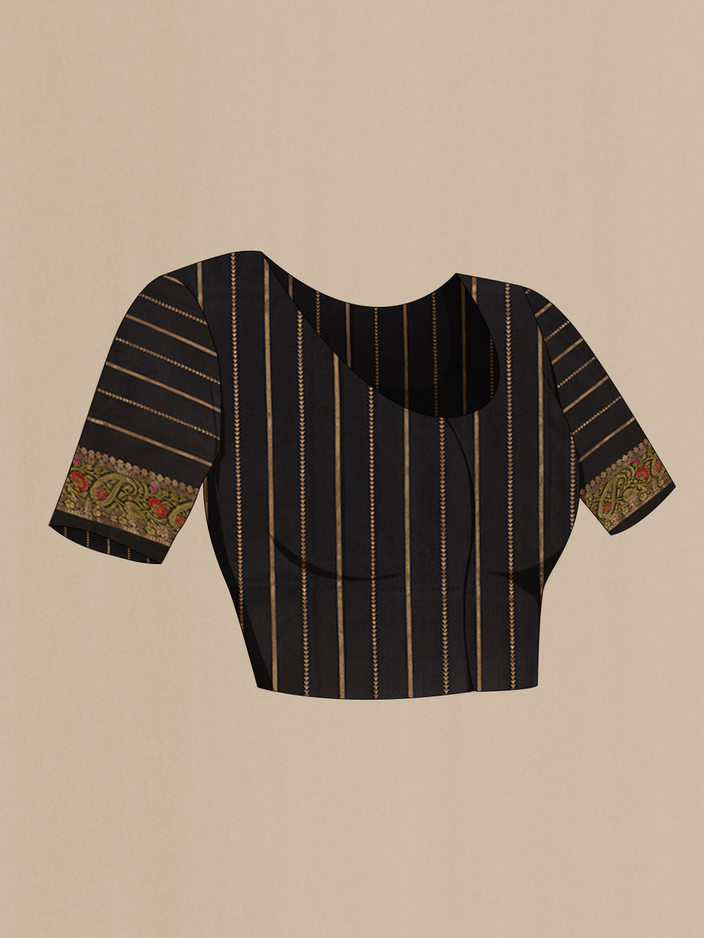 Close up image of the blouse of Black Banarasi Katan Silk Saree with Stripes on the body and Zari Border. 
