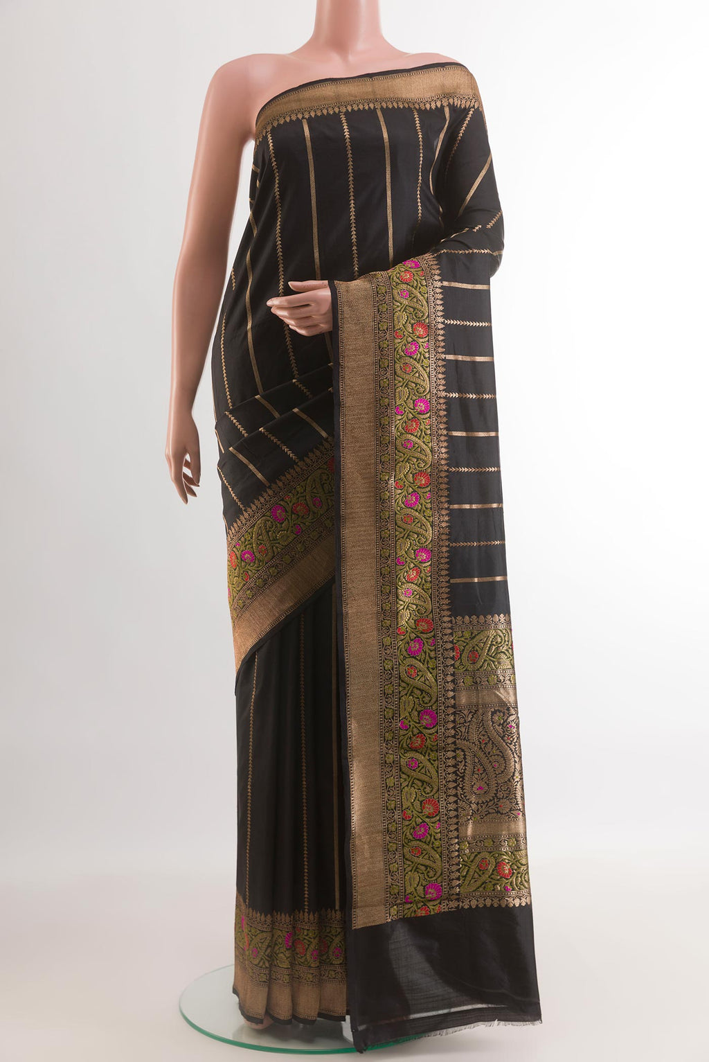Black Banarasi Katan Silk Saree with Stripes on the body and Zari Border.  displayed on a mannequin