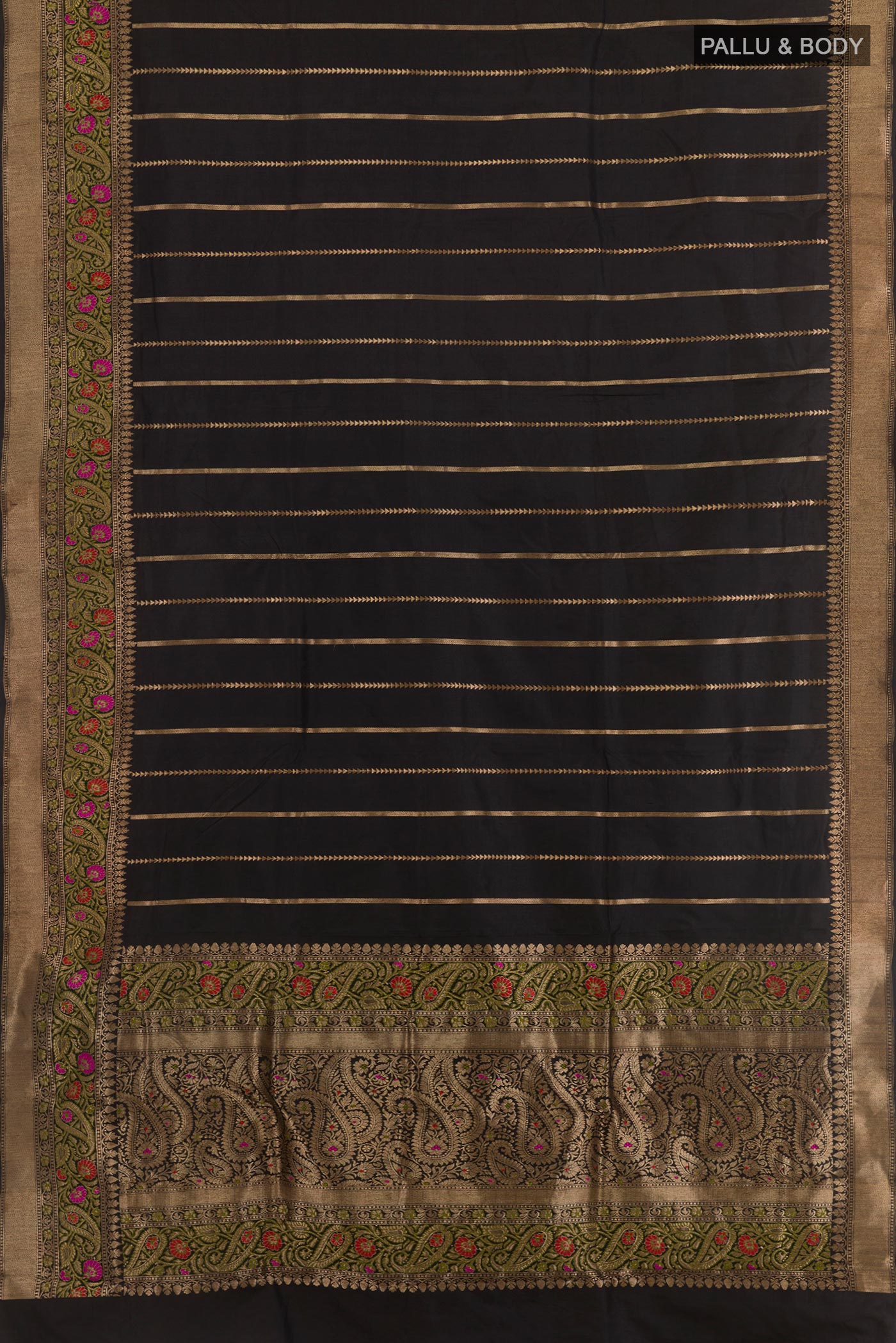 Flat view of Black Banarasi Katan Silk Saree with Stripes on the body and Zari Border. 