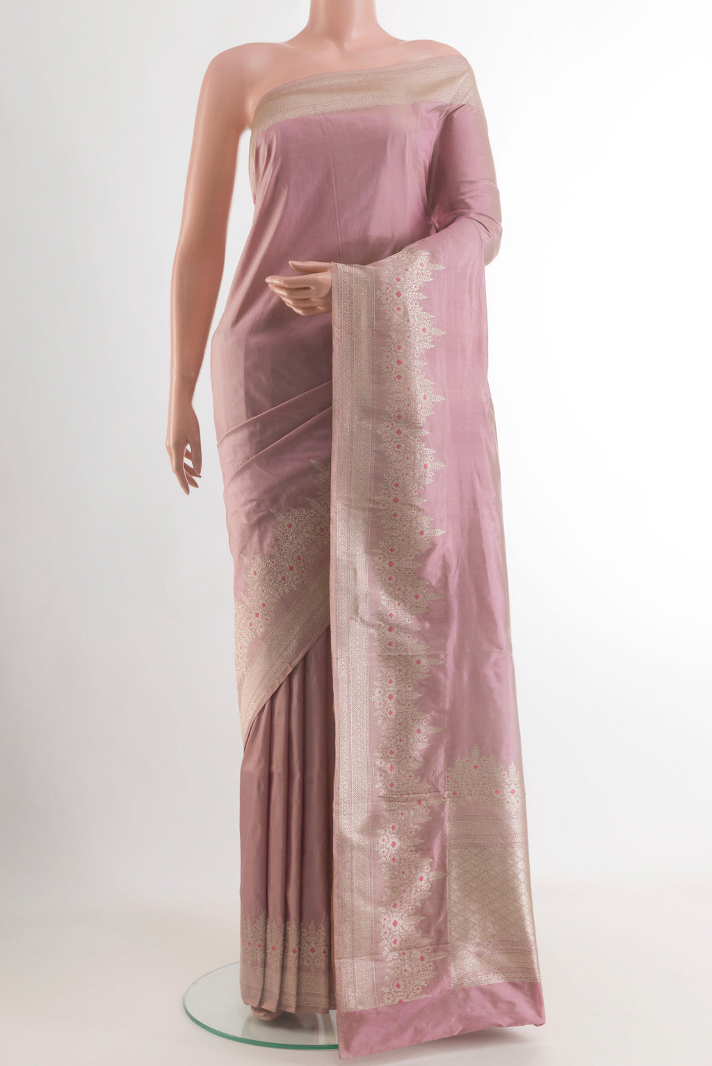 Lavender Banarasi Katan Silk Saree with Plain Body and Zari Border.  displayed on a mannequin