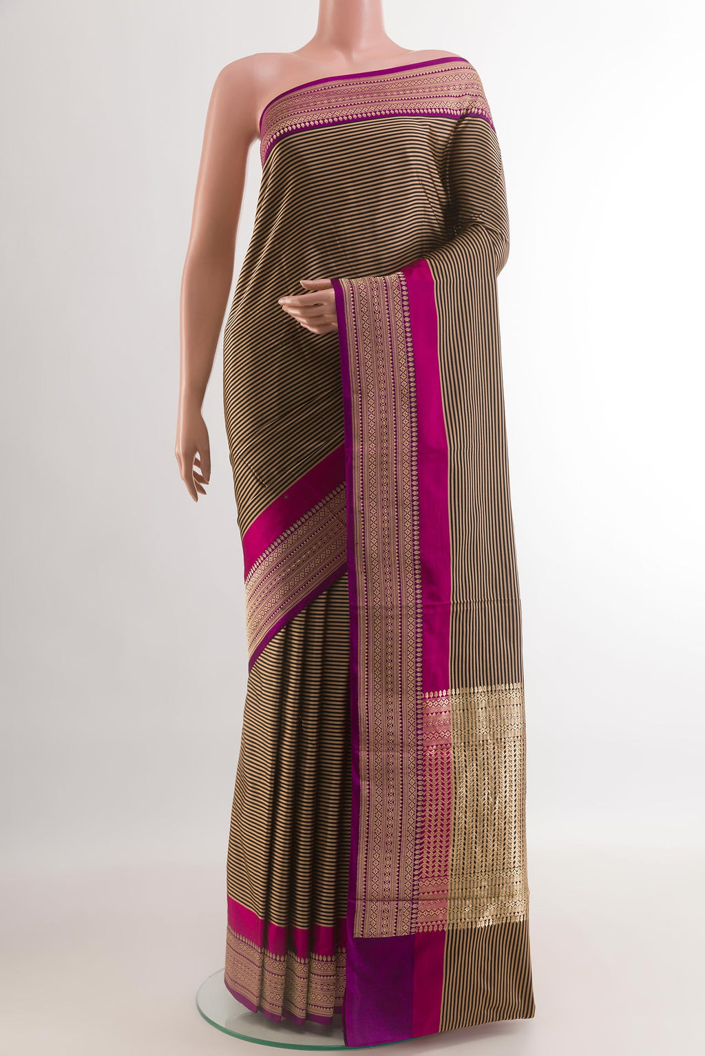 Black Banarasi Katan Silk Saree with Stripes on the body and Zari Border.  displayed on a mannequin