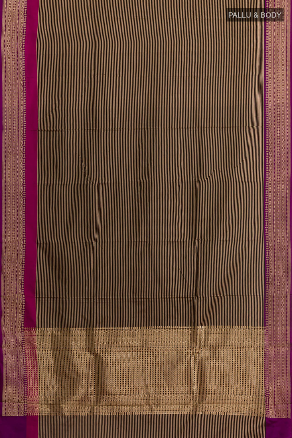 Flat view of Black Banarasi Katan Silk Saree with Stripes on the body and Zari Border. 