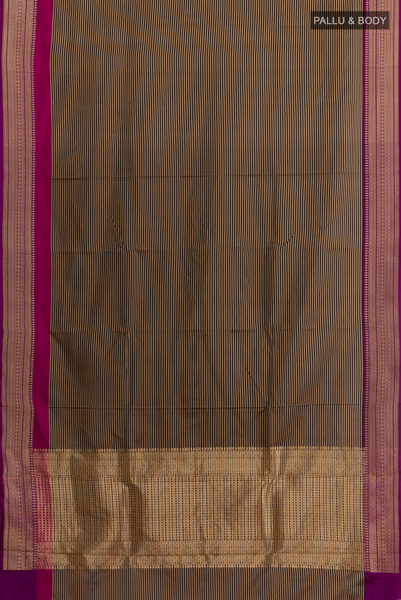 Flat view of Black Banarasi Katan Silk Saree with Stripes on the body and Zari Border. 